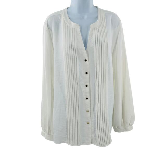 Calvin Klein Ivory V-Neck Long Balloon Sleeve Sheer Flowy Career Blouse Top XL - Picture 2 of 12